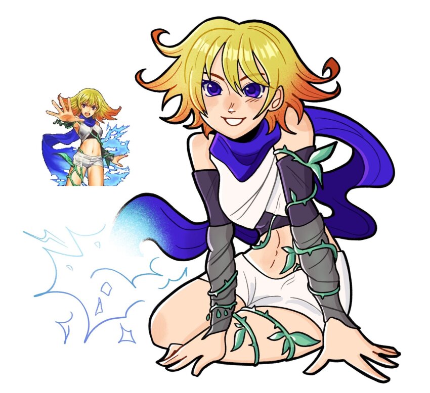 1girl blonde_hair blue_scarf captainludraws gradient_hair highres kid_icarus kid_icarus_uprising looking_at_viewer midriff multicolored_hair navel nintendo orange_hair phosphora plant procreate_(medium) purple_eyes reference_inset scarf smile solo vines