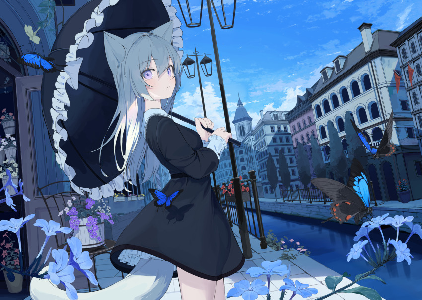 1girl absurdres animal_ears black_dress black_umbrella blue_flower blue_sky breasts building canal closed_mouth cloud commentary_request day dress flower flower_box frilled_sleeves frilled_umbrella frills grey_hair hair_between_eyes highres holding holding_umbrella huge_filesize lamppost long_hair long_sleeves mikisai original outdoors purple_eyes purple_flower railing red_flower sky small_breasts solo standing tail umbrella very_long_hair water window