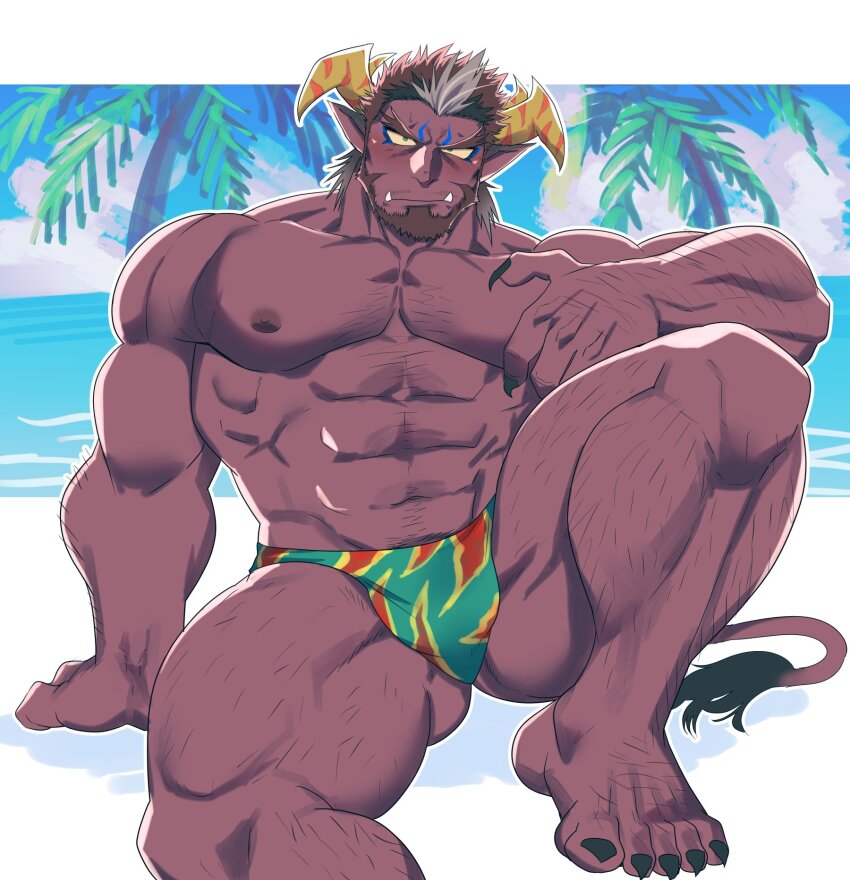 1boy abs another_eidos-r bara beard blush brown_hair bulge colored_sclera colored_skin deer_boy demon_boy demon_horns facial_hair foot_out_of_frame forked_eyebrows green_eyes green_male_swimwear hairy highres horns knee_up large_pectorals looking_at_viewer male_focus male_swimwear mature_male multicolored_hair muscular muscular_male mustache_stubble navel navel_hair nipples pectorals pointy_ears print_male_swimwear sanpaku shy solo sparse_chest_hair sparse_navel_hair stalon_(another_eidos) stomach strongman_waist stubble swim_briefs thick_eyebrows thick_thighs thighs topless_male tusks yakisoba_ohmori