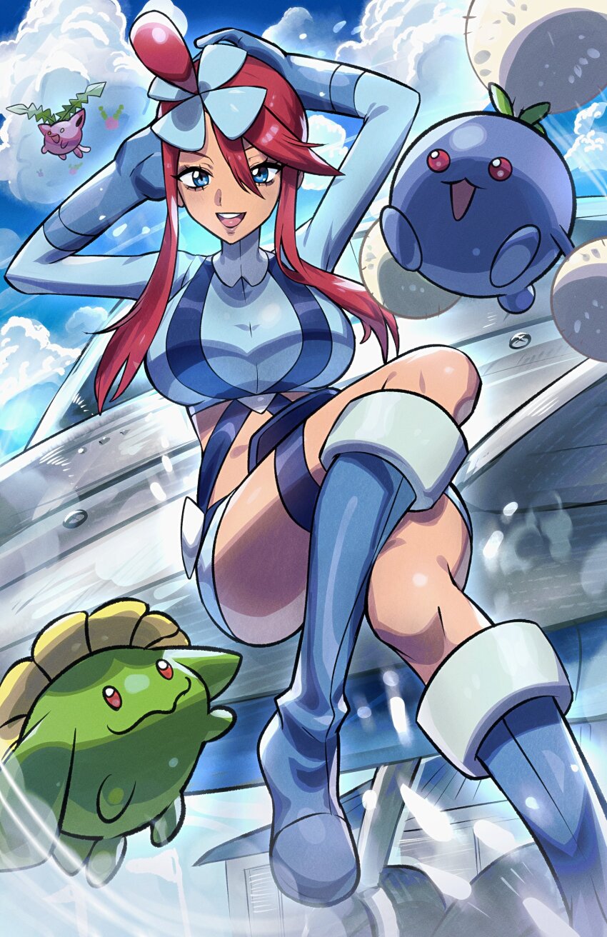 1girl 2024_pokemon_teraleak absurdres blue_shirt blue_shorts breasts brown_hair cropped_shirt crossed_legs dark-skinned_female dark_skin gen_2_pokemon highres hoppip jumpluff large_breasts nintendo pokemon pokemon_(creature) pokemon_bw ryairyai shirt shorts sitting skiploom skyla_(pokemon) wide_hips