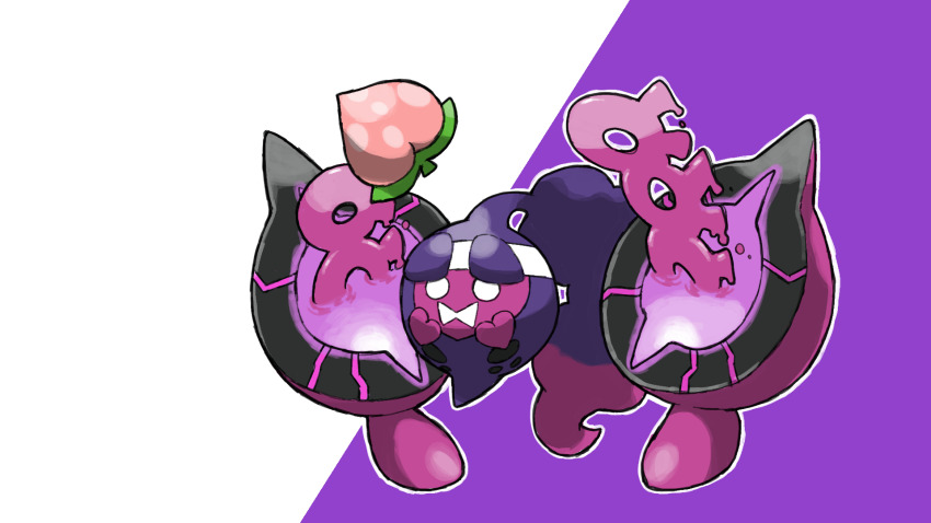 berry_(pokemon) blacknirrow dripping full_body highres nintendo no_humans open_mouth outline pecha_berry pecharunt pokemon pokemon_(creature) pokemon_focus simple_background solo two-tone_background white_eyes white_outline