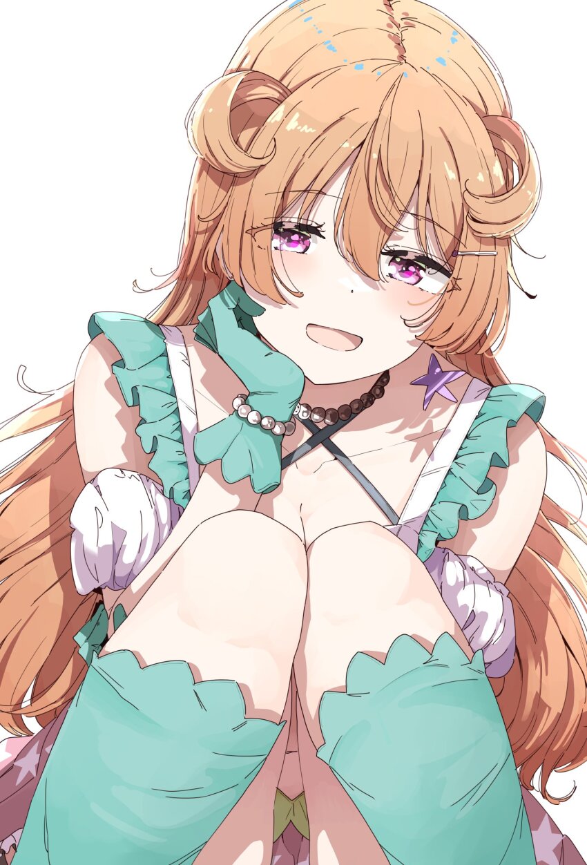 1girl :d aqua_socks breasts brown_hair cleavage collarbone commentary criss-cross_halter daydream_mermaid detached_sleeves earrings feet_out_of_frame frilled_shirt frills hair_between_eyes hair_horns hair_ornament hairclip halter_shirt halterneck hand_on_own_cheek hand_on_own_face highres jewelry knees_up konoe_kanata long_hair looking_at_viewer love_live! love_live!_nijigasaki_high_school_idol_club love_live!_nijigasaki_high_school_idol_club_the_movie_-_finale miniskirt nyoijizai open_mouth puffy_short_sleeves puffy_sleeves purple_eyes purple_skirt shadow shirt short_sleeves simple_background single_earring skirt smile socks solo star_(symbol) star_earrings very_long_hair white_background