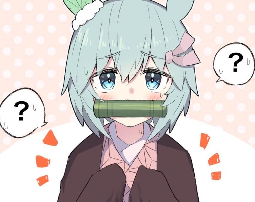 1girl ? animal_ears aqua_eyes bamboo bit_gag cosplay ear_covers gag gagged gagged_(willingly) hair_between_eyes kamado_nezuko kamado_nezuko_(cosplay) kitou_akari kyutai_x light_green_hair looking_at_viewer notice_lines seiun_sky_(umamusume) setsubun single_ear_cover sketch solo spoken_question_mark spoken_sweatdrop sweatdrop umamusume voice_actor_connection