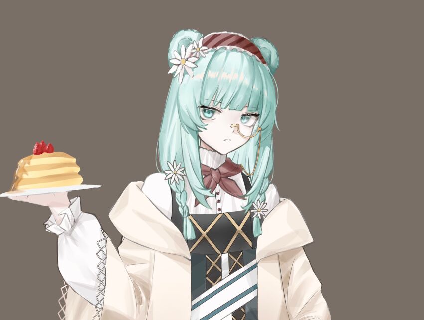 1girl animal_ears aqua_eyes aqua_hair arknights braid brown_background cardigan chinese_commentary commentary flower food frilled_sleeves frills fruit hair_flower hair_ornament hairband hand_up highres holding holding_plate istina_(arknights) jagaimo_(fkpx3827) long_sleeves looking_at_viewer medium_hair monochrome open_cardigan open_clothes parted_lips plate red_hairband shirt simple_background solo strawberry turtleneck turtleneck_shirt upper_body white_flower white_shirt yellow_cardigan