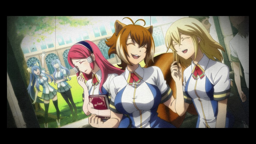 2boys 5girls animal_ears blazblue blazblue:_central_fiction blonde_hair blue_hair book border breasts brown_hair closed_eyes game_cg genderswap genderswap_(mtf) highres kajun_faycott large_breasts long_hair mai_natsume makoto_nanaya multiple_boys multiple_girls noel_vermillion official_art open_mouth pantyhose ponytail red_hair school_uniform smile tagme tail thighhighs tsubaki_yayoi