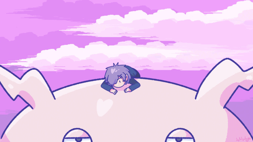 1boy bigukkomon cloud digimon digimon_(creature) heart highres looking_at_another owada_rui size_difference sky
