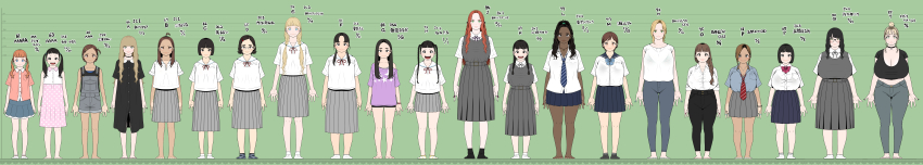 absurdres adelina_(kuzukago) adelina_(kuzukago_bitchmaker) angelica_(kuzukago) bare_legs black_hair blonde_hair blue_eyes braid breasts brown_hair closed_mouth dark-skinned_female dark_skin dress flat_chest glasses green_eyes grey_dress grey_skirt height_chart height_difference highres huge_breasts isabella_(kuzukago) jessica_(kuzukago) jessica_(kuzukago_bitchmaker) jewelry kuzukago_(bitchmaker) large_breasts lisa_(kuzukago_bitchmaker) long_hair looking_at_viewer madoka_(kuzukago_bitchmaker) maria_(kuzukago) marumi_(kuzukago_bitchmaker) medium_breasts multiple_girls nanao_(kuzukago_bitchmaker) necklace nene_(kuzukago) open_mouth orange_hair pink_lips rana_(kuzukago) red_ribbon reference_sheet ribbon rika_(kuzukago_bitchmaker) rin_(kuzukago_bitchmaker) school_uniform shirt shorstack short_hair short_shirt shuga_(kuzukago_bitchmaker) simple_background skirt small_breasts smile straight_hair tae_(kuzukago_bitchmaker) tagme tall_female tama_(kuzukago) tongue twintails waka-chan_(kuzukago_bitchmaker) waka_(kuzukago_bitchmaker) white_shirt