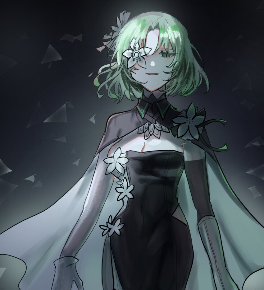 1girl arcaea black_cape black_dress breasts cape cleavage dress flower flower_over_eye gloves green_eyes green_hair hair_ornament highres light_smile looking_at_viewer medium_hair onionion0724 saya_(arcaea) solo upper_body white_gloves