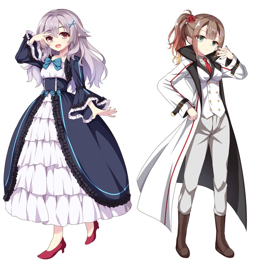 2girls alternate_costume arm_at_side black_collar black_nails blue_bow blue_dress blue_sleeves blunt_bangs boots bow breasts brown_footwear brown_hair clenched_hand closed_mouth coat collar collarbone commentary_request dress eyelashes eyes_visible_through_hair fingernails flower frilled_dress frilled_sleeves frills frown full_body green_eyes grey_hair hair_between_eyes hair_flower hair_ornament hand_on_own_hip hand_up happy high_collar high_heels highres kinoshita_kaede long_dress long_fingernails long_hair long_sleeves looking_at_viewer medium_breasts multiple_girls nail_polish necktie open_clothes open_coat open_hand open_mouth pants petticoat pointy_ears ponytail red_eyes red_flower red_footwear red_necktie red_rose rose serious sesen2000 shiraishi_chika shirt sidelocks simple_background sleeves_past_wrists small_breasts smile standing tenshi_souzou_re-boot! tying_footwear v v_over_eye vest wavy_hair white_background white_coat white_pants white_shirt white_sleeves white_vest wide_sleeves x_hair_ornament