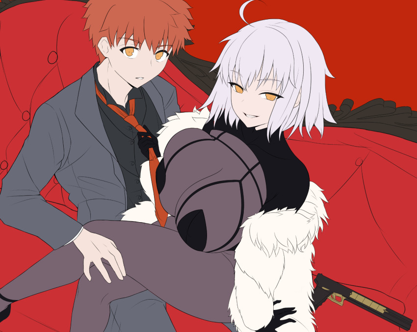 1boy 1girl animal_ears anniversary bad_tag black_shirt black_suit breasts brown_eyes casino coat command_spell cosplay covered_navel cross cross_earrings earrings emiya_shirou evertale fake_animal_ears fate/grand_order fate/stay_night fate_(series) formal_clothes fur_trim gloves grey_coat grey_hair highres huge_breasts igote jeanne_d&#039;arc_alter_(fate) jewelry lancelot_(evertale) lancelot_(evertale)_(cosplay) large_breasts leotard necktie nontraditional_playboy_bunny orange_hair pants playboy_bunny rabbit_ears red_hair red_necktie shirt shokobr simple_background spiked_hair suit two-tone_necktie unfinished yellow_eyes