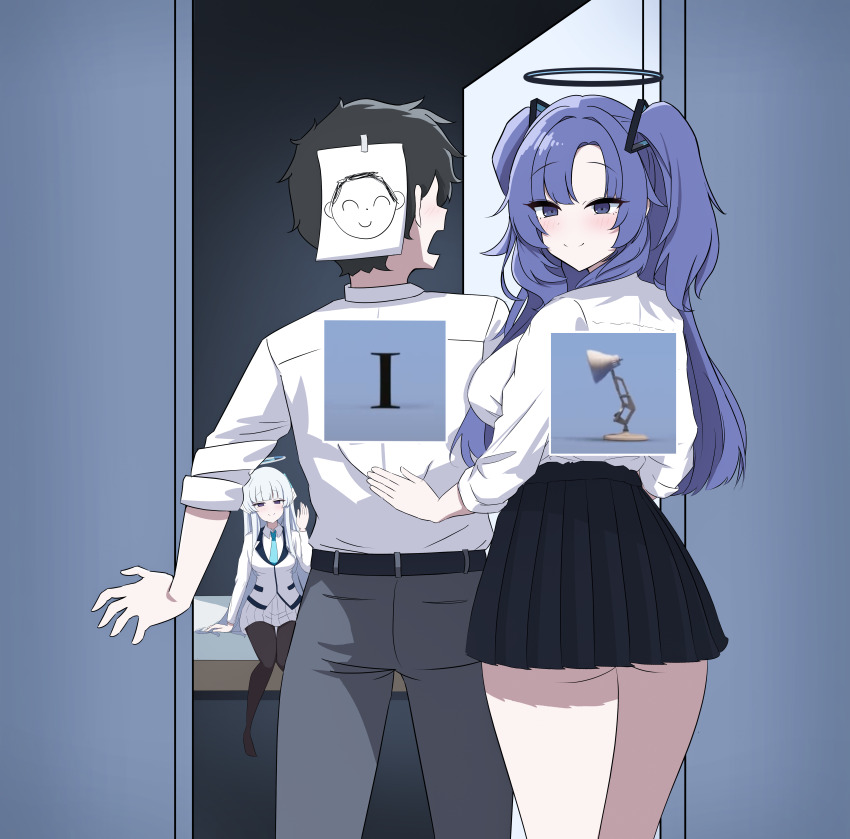 1boy 2girls absurdres ass bed blue_archive doodle_sensei_(blue_archive) hair_ornament halo highres mechanical_halo meme multiple_girls noa_(blue_archive) oka_yzj pantyhose photo_inset pixar purple_eyes sensei_(blue_archive) skirt thighs triangle_hair_ornament white_hair white_halo yuuka_(blue_archive)