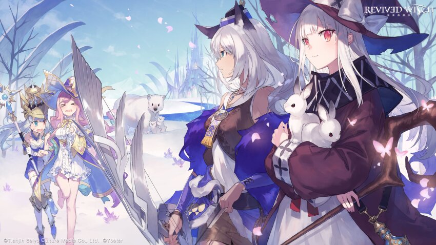 &gt;_&lt; 4girls absurdres animal animal_ears bare_shoulders bear blue_coat blue_dress blue_eyes blue_sky castle character_request coat copyright_name copyright_notice dress ebira hat heterochromia highres holding holding_animal holding_staff holding_weapon long_hair looking_at_viewer multiple_girls off-shoulder_coat off_shoulder official_art open_mouth pink_hair polar_bear rabbit red_coat red_eyes red_hat revived_witch second-party_source shirt sky sleeveless sleeveless_dress snow staff thighhighs weapon white_dress white_hair white_shirt white_thighhighs witch_(revived_witch) witch_hat yostar
