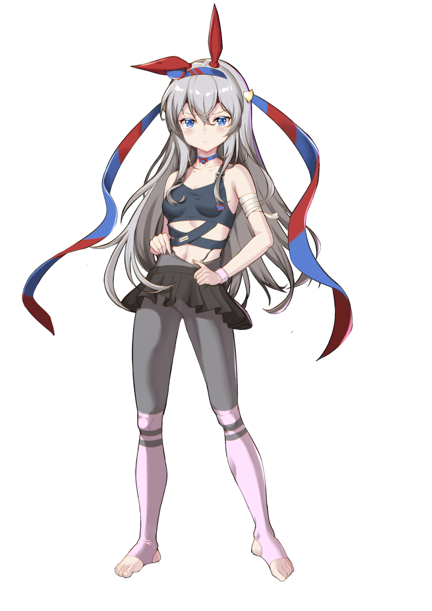 &gt;:( 1girl absurdres alternate_costume animal_ears bandaged_arm bandages black_skirt blue_choker blue_eyes blue_hairband blue_sports_bra blush breasts chinese_commentary choker commentary_request double-parted_bangs ear_covers full_body grey_hair hair_between_eyes hairband headband highres horse_ears leggings leggings_under_skirt long_hair long_sidelocks looking_at_viewer navel no_tail ponytail red_headband senbonsang short_ponytail sidelocks skirt small_breasts solo sports_bra stirrup_legwear tamamo_cross_(umamusume) toeless_legwear umamusume v-shaped_eyebrows very_long_hair white_background