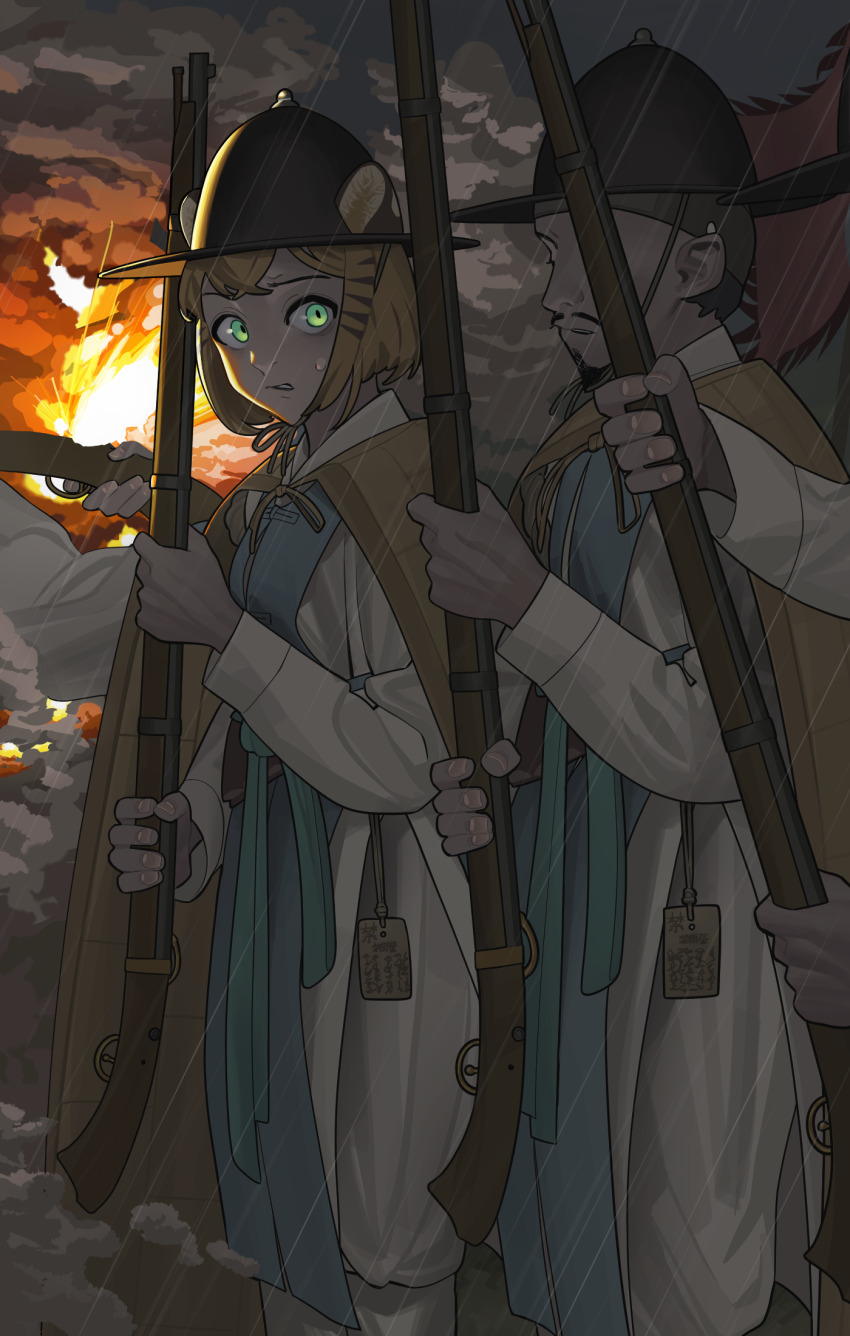 1boy 1girl antique_firearm battle beard blonde_hair cloak facial_hair firearm firelock green_eyes gun helmet highres holding holding_gun holding_weapon joseon_dynasty korea matchlock military original pzkpfwi rifle robe smoke solo_focus war weapon white_robe wide-eyed