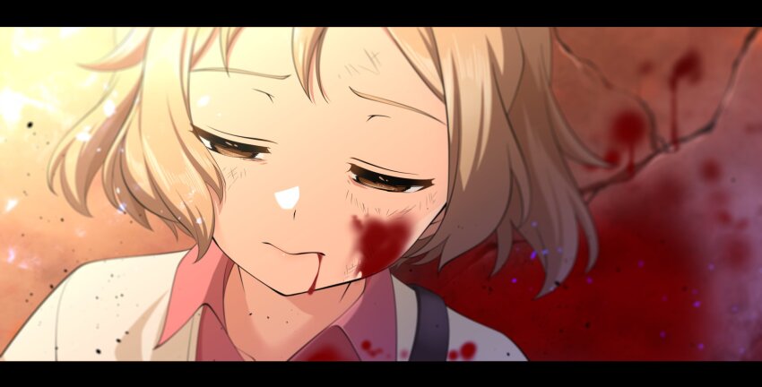 1girl against_wall blood blood_from_mouth blood_on_clothes blood_on_face blood_splatter blurry blurry_background brown_eyes brown_hair close-up crack depth_of_field empty_eyes half-closed_eyes highres injury nyanmaru scene_reference scratches senki_zesshou_symphogear short_hair solo tachibana_hibiki_(symphogear)