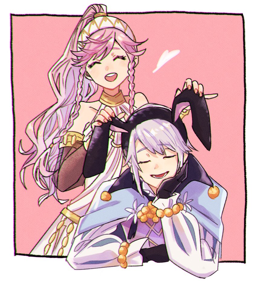 1boy 1girl animal_ears bare_shoulders black_gloves braid closed_eyes fake_animal_ears fire_emblem fire_emblem_awakening fire_emblem_heroes gloves hairband head_on_hand heart henry_(fire_emblem) henry_(spring)_(fire_emblem) highres hoshigaki_(hsa16g) long_hair nintendo official_alternate_costume olivia_(fire_emblem) open_mouth pink_hair ponytail rabbit_ears short_hair teeth upper_teeth_only white_hair white_hairband