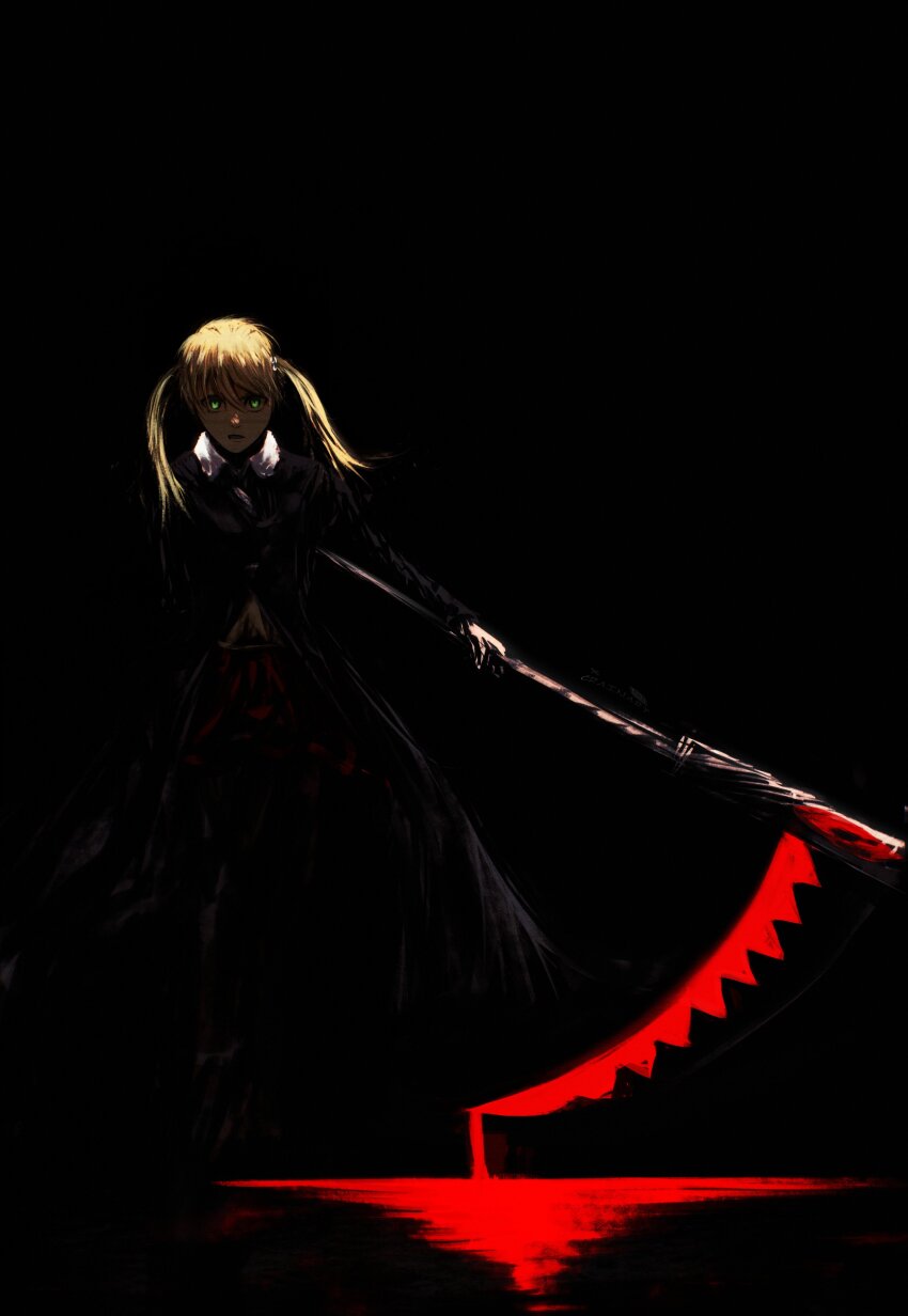 1girl absurdres artist_name black_background black_coat blonde_hair coat commentary crain1art dark english_commentary full_body gloves glowing glowing_eyes green_eyes highres holding holding_scythe holding_weapon long_sleeves maka_albarn parted_lips red_skirt scythe simple_background skirt solo soul_eater standing twintails weapon white_gloves