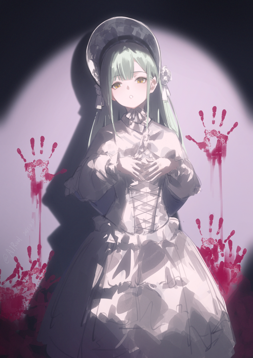 1girl :o absurdres airool ambiguous_red_liquid animate_(company) animate_cafe bang_dream! bang_dream!_it&#039;s_mygo!!!!! bloody_handprints bonnet capelet chin_strap chinese_commentary commentary_request corset cross-laced_clothes cross-laced_corset dated dress flower flower_hat frilled_capelet frilled_corset frilled_dress frills green_hair handprint hat hat_ribbon highres long_dress long_hair long_sleeves looking_at_viewer official_alternate_costume open_mouth parted_bangs puffy_long_sleeves puffy_sleeves ribbon searchlight sidelocks solo wakaba_mutsumi weibo_username white_bonnet white_capelet white_corset white_dress white_flower yellow_eyes