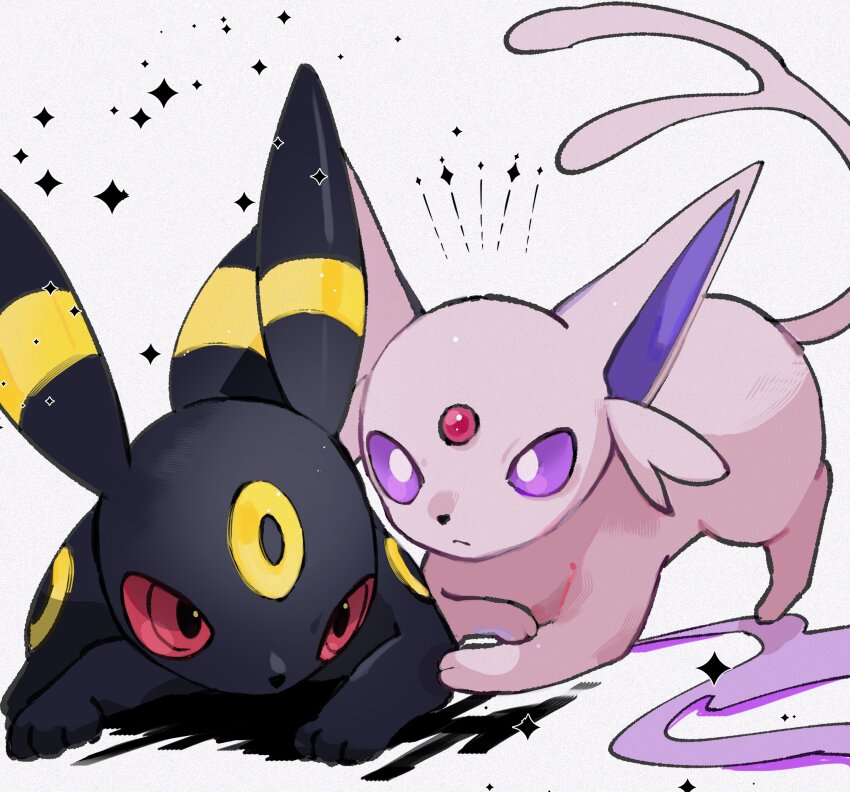 absurdres animal_focus animal_hands black_fur bright_pupils cyauken_(ouahloup) espeon forehead_jewel full_body gem gen_2_pokemon highres looking_at_viewer nintendo no_humans pokemon pokemon_(creature) purple_eyes purple_fur red_eyes red_gemstone simple_background sparkle standing umbreon white_background white_pupils yellow_fur