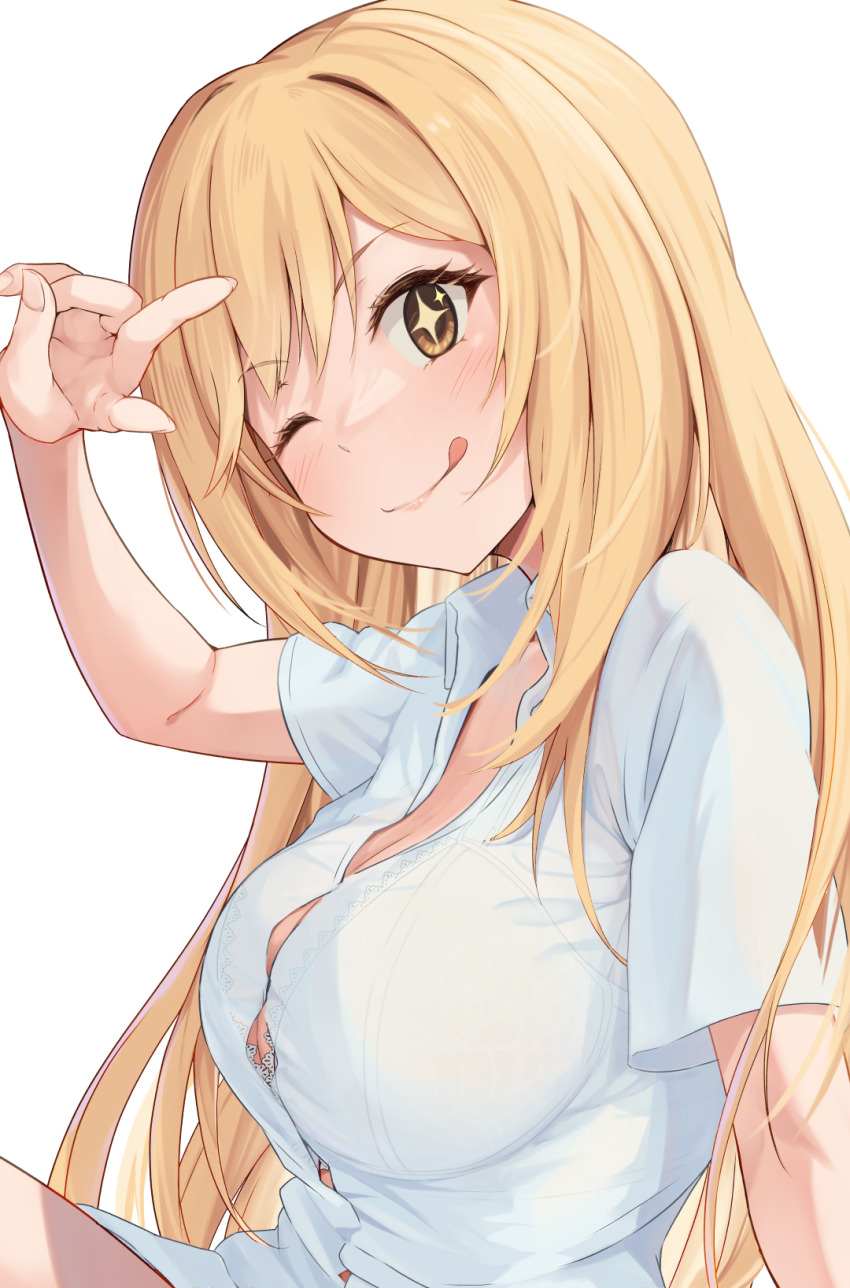 1girl ;q blonde_hair bra bra_peek breasts cleavage highres k3rd large_breasts long_hair looking_at_viewer one_eye_closed shirt shokuhou_misaki solo sparkling_eyes spider_web_print toaru_kagaku_no_mental_out toaru_kagaku_no_railgun toaru_majutsu_no_index tongue tongue_out underwear v v_over_eye white_background white_bra white_shirt yellow_eyes