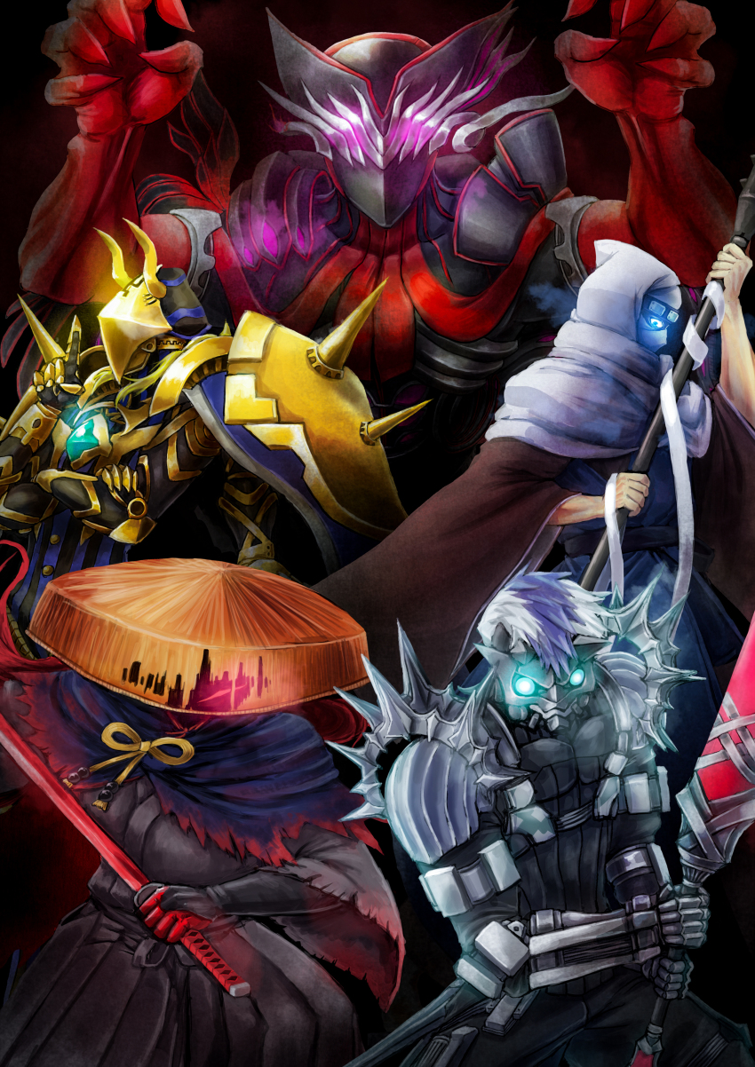 5boys absurdres antonio_salieri_(fate) antonio_salieri_(first_ascension)_(fate) armor avicebron_(fate) black_background blue_eyes bow cape claws extra_arms fate/grand_order fate_(series) full_armor gloves glowing glowing_eyes gold_armor hakama hakama_skirt highres holding holding_sword holding_weapon hood houzouin_inshun_(fate) japanese_clothes kimono ko-chin-4327 looking_at_viewer male_focus mask multiple_boys okada_izou_(fate) okada_izou_(second_ascension)_(fate) red_eyes red_gloves sandogasa sigurd_(fate) sigurd_(first_ascension)_(fate) simple_background skirt spikes sword weapon yellow_bow