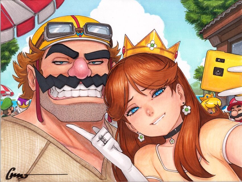 3boys 3girls beach beard_stubble biting_own_lip black_choker blonde_hair blue_eyes blue_sky blue_toad_(mario) brown_hair brown_shirt cellphone choker cloud commentary crown day dress earrings english_commentary facial_hair flower_earrings gloves goggles goggles_on_head green_hat grin hat heart heart-shaped_pupils helm helmet holding holding_phone jewelry luigi mario mario_(series) multiple_boys multiple_girls mustache new_super_mario_bros._u_deluxe nintendo ocean omar_dogan outdoors phone princess_daisy princess_king_boo princess_peach red_hat selfie shirt sky smartphone smile stubble symbol-shaped_pupils teeth traditional_media tree wario warioware white_gloves yellow_dress