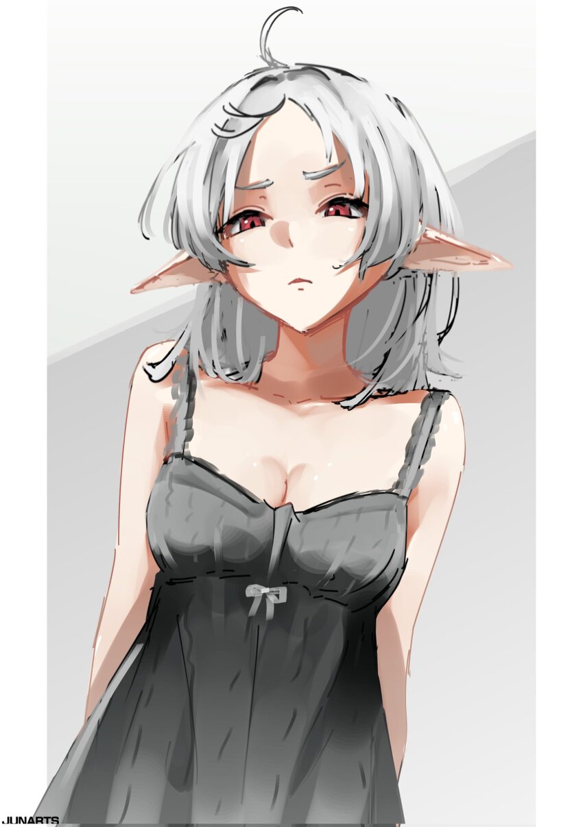 1girl artist_name breasts camisole cleavage collarbone cowboy_shot elf gradient_background hair_between_eyes highres junarts looking_at_viewer medium_breasts medium_hair mushoku_tensei parted_bangs pointy_ears red_eyes simple_background solo sylphiette_(mushoku_tensei) upper_body white_hair