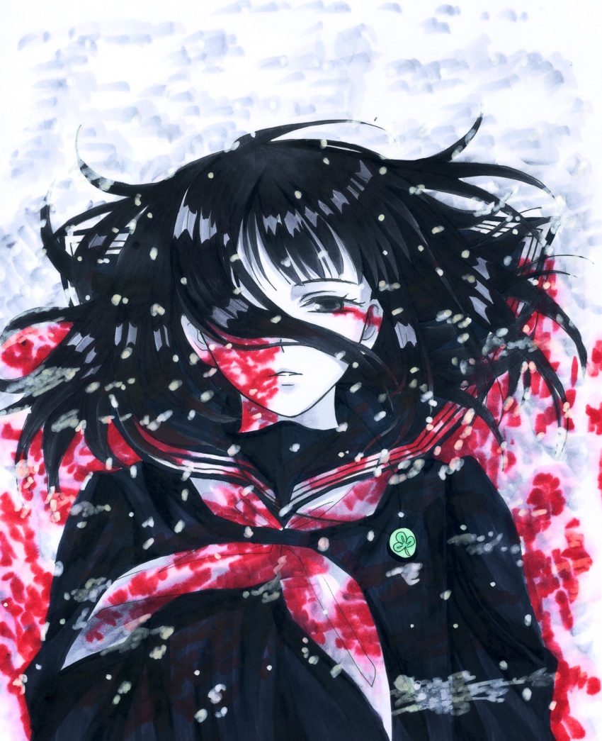 1girl absurdres badge black_hair black_sailor_collar black_shirt bleeding blood blood_on_clothes blood_on_face blood_on_snow button_badge clover day from_above hair_over_one_eye hair_spread_out half-closed_eye highres long_hair looking_at_viewer lying marker_(medium) messy_hair misumisou neckerchief nozaki_haruka on_back on_ground onasu_(nasubinari) one_eye_covered outdoors pale_skin sailor_collar school_uniform serafuku shirt snow snowing solo traditional_media white_neckerchief