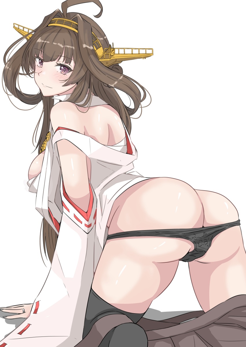 1girl absurdres ahoge all_fours ass black_thighhighs brown_hair butt_crack closed_mouth commentary detached_sleeves double_bun hair_bun headgear highres japanese_clothes kantai_collection ken_(shutenndouji1) kongou_(kancolle) kongou_kai_ni_(kancolle) light_blush light_smile long_hair looking_at_viewer nontraditional_miko panties panty_pull purple_eyes ribbon-trimmed_sleeves ribbon_trim skirt smile solo thighhighs underwear unworn_skirt white_background wide_sleeves