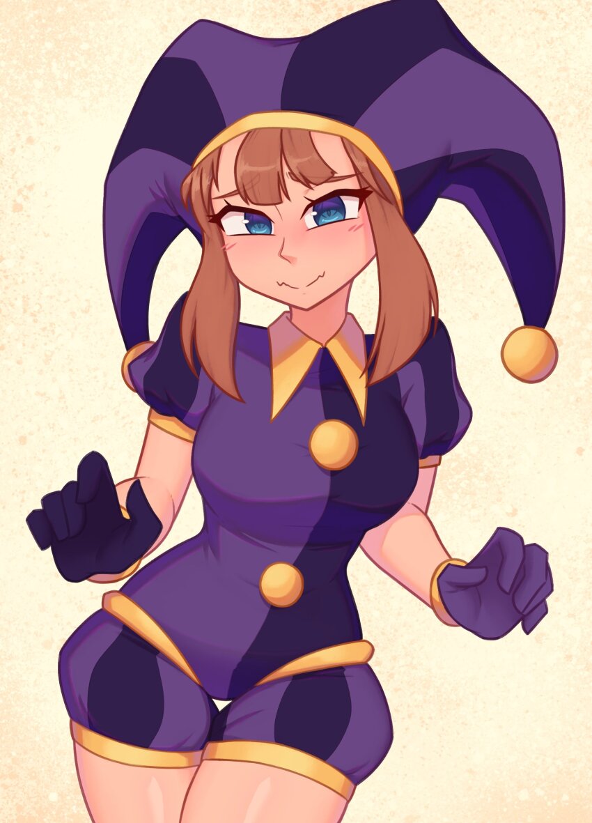 1girl a_hat_in_time absurdres aged_up alternate_color asymmetrical_gloves blue_eyes blush breasts brown_hair commentary contrapposto cosplay cowboy_shot english_commentary gloves hat hat_bell hat_kid highres jester jester_cap large_breasts medium_hair mismatched_gloves multicolored_hat pomni_(the_amazing_digital_circus) pomni_(the_amazing_digital_circus)_(cosplay) purple_gloves purple_hat short_sleeves solo striped_clothes striped_headwear the_amazing_digital_circus thigh_gap vertical-striped_bodysuit vertical-striped_clothes vertical-striped_headwear xyronii