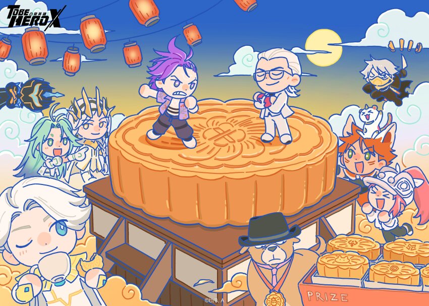 &gt;_&lt; 1other 3girls 5boys absurdres ahoge ahu_(to_be_hero_x) angry animal animal_ears animal_on_head armor big_johnny_(to_be_hero_x) black_jacket blue_hair chibi chibi_only chinese_commentary clenched_hand closed_eyes cloud cloudy_sky commentary_request crossed_arms crown cup day dog dragon_boy_(to_be_hero_x) e-soul_(to_be_hero_x) eating elbow_gloves everyone fedora fox_ears full_body ghostblade_(to_be_hero_x) glasses gloves grin hair_slicked_back hat helmet high_ponytail highres holding holding_cup jacket jumping kemonomimi_mode lantern little_johnny_(to_be_hero_x) loli_(to_be_hero_x) looking_at_another lucky_cyan_(to_be_hero_x) mask medal mohawk mooncake mullet multiple_boys multiple_expressions multiple_girls necktie nice_(to_be_hero_x) official_art on_head one_eye_closed open_mouth orange_hair oversized_object paper_lantern pink_hair pink_necktie pointing ponytail promotional_art purple_hair purple_shirt queen_(to_be_hero_x) shirt sidelocks sky smile smirk standing sun to_be_hero to_be_hero_x white_gloves white_hair x_(to_be_hero_x)