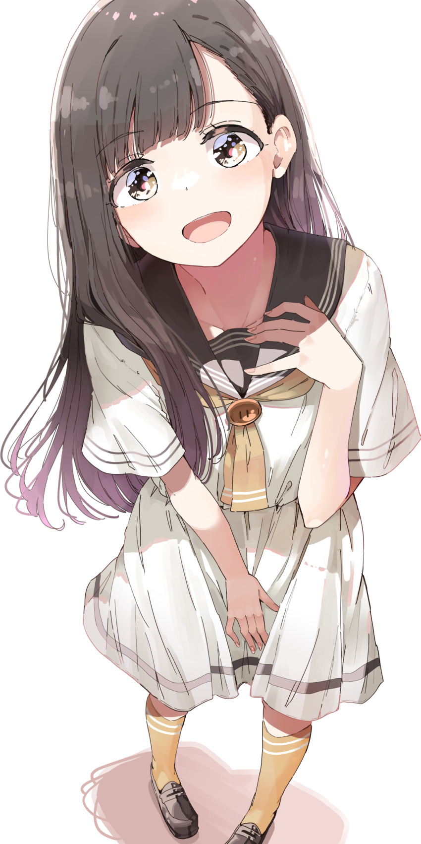1girl brown_eyes brown_hair brown_sailor_collar dress hand_up highres light_blush loafers long_hair looking_at_viewer make_heroine_ga_oo_sugiru! neckerchief nukumizu_kaju nyoijizai open_mouth pleated_dress sailor_collar sailor_dress shoes skirt skirt_tug socks solo standing white_dress yellow_neckerchief yellow_socks