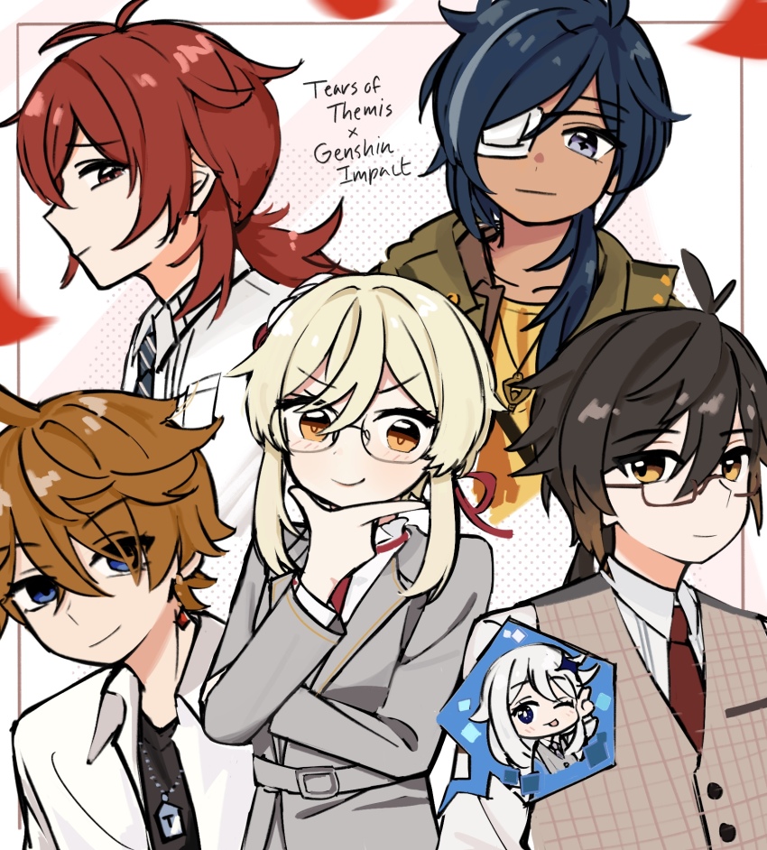 2girls 4boys :p black_necktie black_shirt blonde_hair blue_eyes blue_hair blue_necktie brown_eyes brown_hair brown_jacket brown_vest closed_mouth collared_shirt company_connection copyright_name cosplay dark-skinned_male dark_skin davis_(tears_of_themis) davis_(tears_of_themis)_(cosplay) diluc_(genshin_impact) dog_tags eyepatch genshin_impact glasses grey_vest highres jacket kaeya_(genshin_impact) looking_at_viewer luke_pearce_(tears_of_themis) luke_pearce_(tears_of_themis)_(cosplay) lumine_(genshin_impact) marius_von_hagen_(tears_of_themis) marius_von_hagen_(tears_of_themis)_(cosplay) medical_eyepatch mihoyo multiple_boys multiple_girls necktie one_eye_closed orange_eyes paimon_(genshin_impact) ponytail red_eyes red_hair red_necktie rosa_(tears_of_themis) rosa_(tears_of_themis)_(cosplay) shirt short_hair simple_background smile tartaglia_(genshin_impact) tears_of_themis tongue tongue_out vest vyn_richter_(tears_of_themis) vyn_richter_(tears_of_themis)_(cosplay) white_background white_hair white_jacket white_shirt zhacaitan zhongli_(genshin_impact)