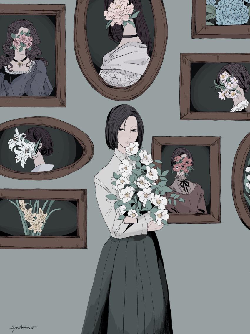 1girl black_hair bouquet closed_mouth flower flower_on_face gghost0627 highres holding holding_bouquet holding_flower long_sleeves looking_at_viewer original painting_(object) pleated_skirt shirt signature skirt solo standing white_flower white_shirt