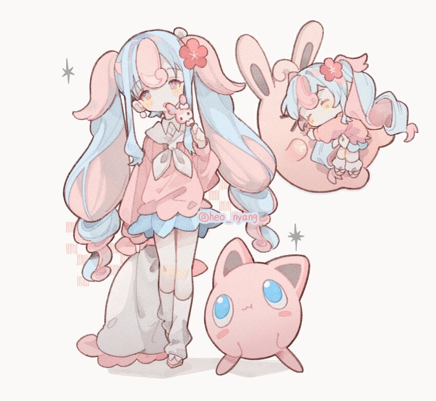 1girl blue_eyes blue_hair chibi closed_mouth commission fairy_miku_(project_voltage) full_body gen_1_pokemon hatsune_miku heo_nyang highres jigglypuff multicolored_hair multiple_views nintendo pink_hair pokemon pokemon_(creature) project_voltage simple_background twintails two-tone_hair vocaloid white_background wigglytuff