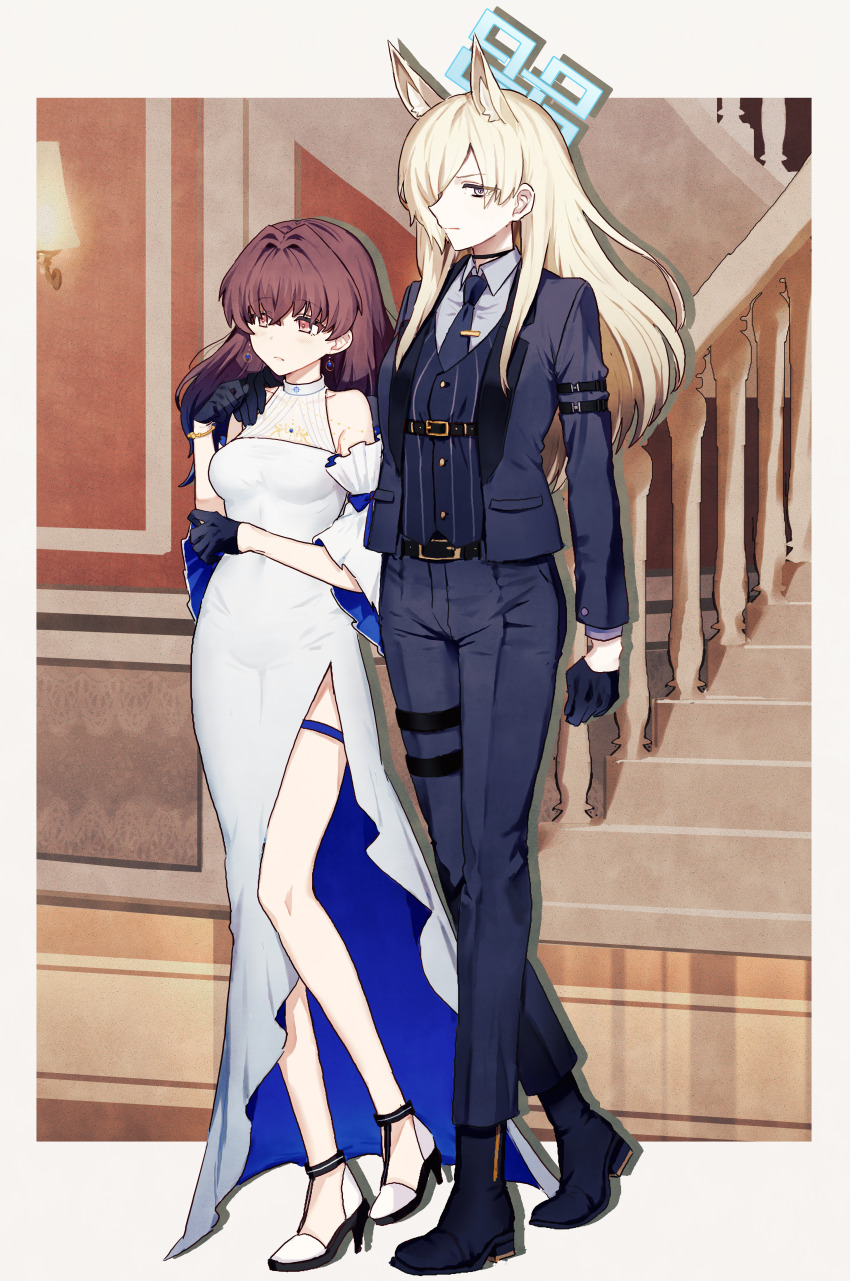 2girls absurdres animal_ear_fluff animal_ears arm_around_shoulder arm_strap belt black_choker black_gloves blue_archive blue_jacket blue_necktie blue_pants blue_shirt blue_suit blue_vest blush boots bracelet breasts brown_hair choker closed_mouth commentary_request covered_collarbone covered_navel detached_sleeves dog_ears dog_girl dress drop_shadow earrings extra_ears female_sensei_(blue_archive) female_sensei_(blue_archive)_(senta_(ysk_0218)) floating_hair formal_clothes frilled_sleeves frills full_body gloves hair_intakes high_heels highres jacket jewelry kanna_(blue_archive) long_hair long_sleeves multiple_girls necktie pants parted_bangs red_eyes sensei_(blue_archive) senta_(ysk_0218) shirt side_slit sleeveless sleeveless_dress stairs striped_clothes striped_vest suit thigh_strap vertical-striped_clothes vertical-striped_vest vest white_dress wide_sleeves yuri