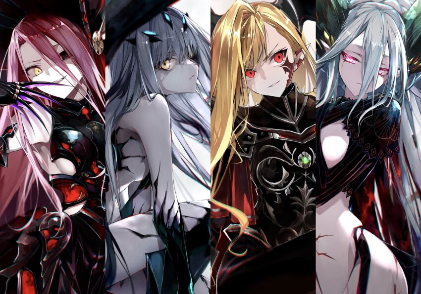4girls armor bare_hips blonde_hair blood blue_hair breastplate breasts closed_eyes detached_sleeves dragon_horns fate/grand_order fate_(series) heterochromia highres horns huge_claws kino_kokko large_breasts long_hair medium_breasts melusine_(fate) melusine_(third_ascension)_(fate) multiple_girls queen_draco_(fate) queen_draco_(third_ascension)_(fate) red_eyes red_hair small_breasts smirk symbol-shaped_pupils tiamat_(fate) tiamat_(femme_fatale)_(fate) typhon_ephemeros_(fate) very_long_hair wings yellow_eyes