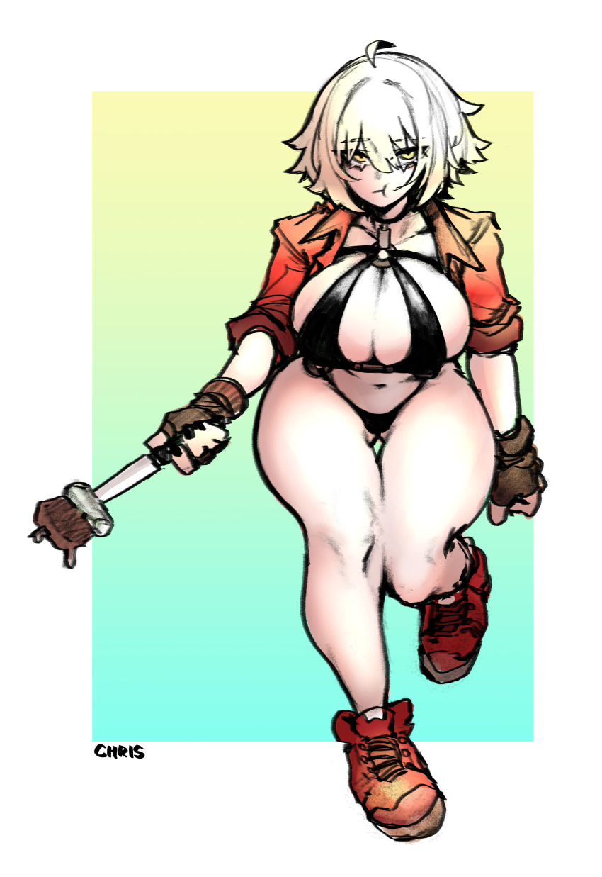 1girl :t absurdres ahoge bikini black_bikini blonde_hair border breasts brown_gloves chris_(ginseng) cleavage collarbone eyelashes fingerless_gloves ginseng_(xin) gloves gluteal_fold gradient_background hair_between_eyes highres holding holding_knife huge_breasts jacket knife korean_commentary looking_at_viewer o-ring o-ring_bikini open_clothes open_jacket original outside_border red_jacket red_shoes shoes short_hair sleeves_rolled_up sneakers solo swimsuit thighs white_border yellow_eyes