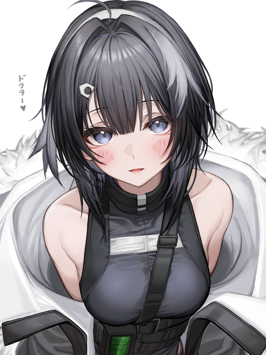 1girl absurdres ahoge arknights bare_shoulders between_breasts black_coat black_eyes black_hair black_shirt blunt_bangs blush breasts chest_harness coat collarbone commentary_request feather_hair fur-trimmed_coat fur_trim grey_hair hair_ornament hairclip harness highres la_pluma_(arknights) looking_at_viewer medium_breasts medium_hair multicolored_hair parted_lips shirt simple_background sleeveless sleeveless_shirt solo strap_between_breasts streaked_hair tab_head two-sided_coat two-sided_fabric upper_body white_background white_coat