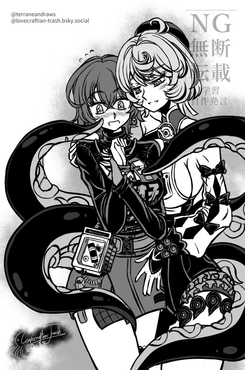 2girls belle_(zenless_zone_zero) belt blush breasts clothes_writing detached_sleeves fingerless_gloves gloves high-waist_shorts highres k-nashi large_breasts monochrome multiple_girls shirt short_hair shorts sideboob tentacles white_background yidhari_murphy yuri zenless_zone_zero