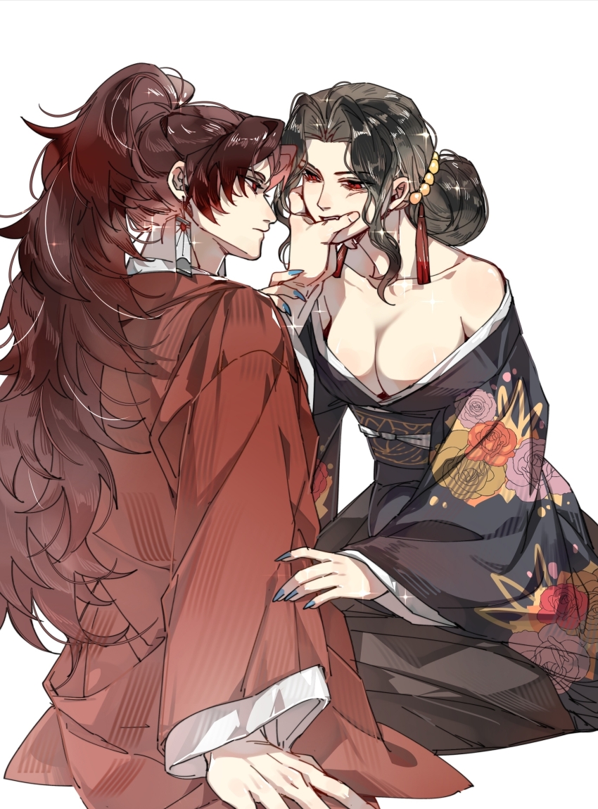 1boy 1girl absurdres black_hair black_kimono breasts cleavage demon_girl earrings genderswap genderswap_(mtf) hanafuda_earrings highres japanese_clothes jewelry jinchaoyueming21845 kibutsuji_muzan kibutsuji_muzan_(female) kimetsu_no_yaiba kimono long_hair looking_at_another medium_breasts ponytail red_kimono tsugikuni_yoriichi