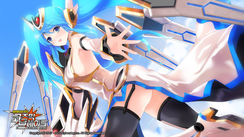 bare_shoulders blue_eyes blue_hair breasts cannon cloud cloudy_sky cosmic_break headgear highres lily_rain lily_rain_eve long_hair mecha_musume medium_breasts mixxnut sideboob sky smile sword_wings thighhighs twintails