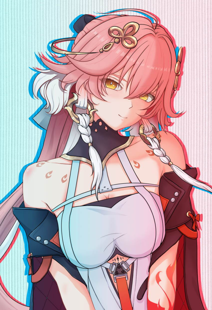 1girl bare_shoulders braid breasts changli_(wuthering_waves) cleavage closed_mouth dress hair_between_eyes hair_ornament highres jacket large_breasts looking_at_viewer multicolored_hair pink_hair smile solo tacet_mark_(wuthering_waves) white_hair wuthering_waves yellow_eyes yian