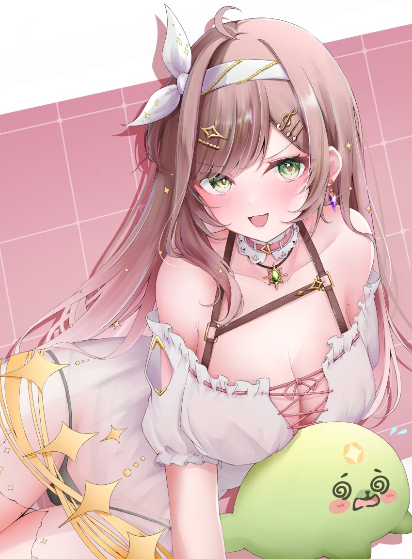 1girl @_@ absurdres black_panties blush blush_stickers breasts brown_hair collar collarbone dress earrings fang fortissimo frilled_collar frills green_eyes hair_ornament hair_ribbon highres indie_virtual_youtuber jewelry long_hair miori_celesta mole mole_on_arm mole_on_thigh musical_note musical_note_hair_ornament navel nekoromo1128 open_mouth panties pink_collar ribbon second-party_source see-through_clothes see-through_dress smile solo star_(symbol) star_in_eye symbol_in_eye underwear virtual_youtuber white_ribbon