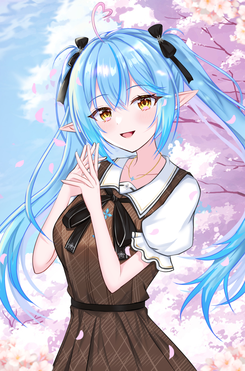 1girl ahoge alternate_costume arlonn blue_hair breasts brown_dress cherry_blossoms collarbone cowboy_shot dress elf heart heart_ahoge highres hololive large_breasts multicolored_hair petals pink_hair pointy_ears school_uniform solo twintails two-tone_hair virtual_youtuber yellow_eyes yukihana_lamy