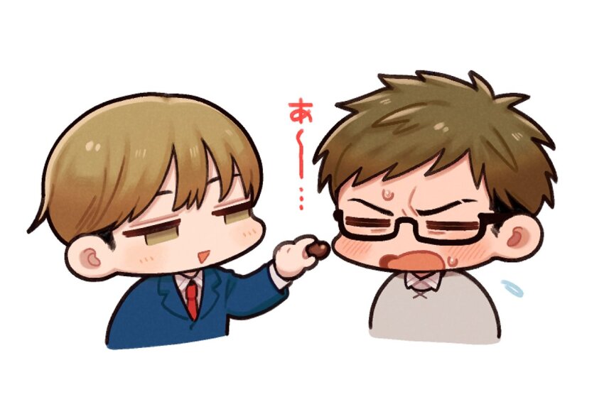 2boys :o =_= black-framed_eyewear black_hair blazer blue_jacket blush brown_eyes brown_hair chibi chibi_only chocolate closed_eyes collared_shirt commentary cropped_torso embarrassed eyebrow_cut feeding flying_sweatdrops food futsuu_no_keion-bu glasses grey_sweater holding holding_chocolate holding_food jacket long_sleeves looking_at_another male_focus multiple_boys necktie open_mouth red_necktie school_uniform semi-rimless_eyewear shirt short_hair simple_background sweat sweater symbol-only_commentary takami_kouki tohno_gen triangle_mouth ueo_tt v-shaped_eyebrows white_background white_shirt