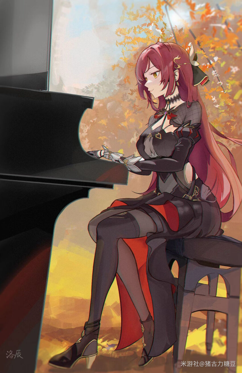 1girl black_dress black_footwear black_pantyhose breasts brown_hair chinese_commentary commentary_request dress eden_(honkai_impact) from_side grand_piano highres honkai_(series) honkai_impact_3rd instrument large_breasts long_hair luo_chen_(user_frxw8842) music on_chair outdoors pantyhose piano playing_instrument playing_piano sitting solo yellow_eyes