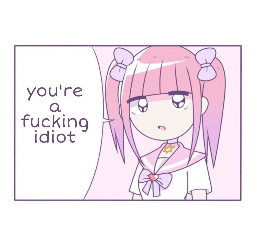 1girl :o blunt_bangs border bow commentary english_commentary english_text ezaki_bisuko hair_bow heart hexagram insult insulting_viewer jewelry looking_at_viewer medium_hair menhera-chan_(ezaki_bisuko) menhera-chan_(ezaki_bisuko)_(character) necklace open_mouth pink_background pink_hair pink_sailor_collar profanity purple_border purple_bow purple_eyes sailor_collar school_uniform serafuku short_sleeves short_twintails sidelocks solo speech_bubble star_of_david twintails white_background white_serafuku