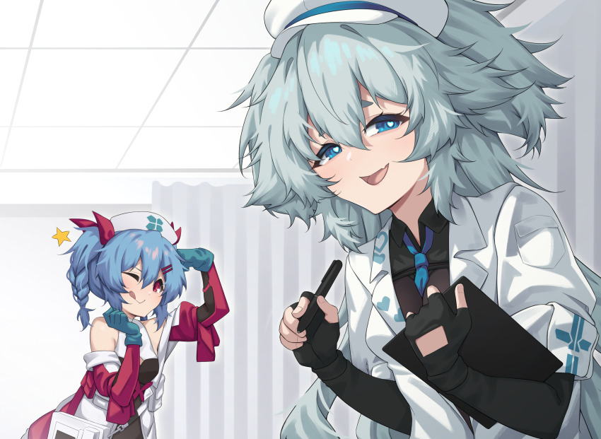 2girls ;q act_(xadachit) black_gloves black_shirt blue_eyes blue_gloves blue_hair blue_necktie braid clipboard coat collared_shirt colphne_(girls&#039;_frontline_2) colphne_(silent_heart)_(girls&#039;_frontline_2) commentary florence_(girls&#039;_frontline_2) girls&#039;_frontline girls&#039;_frontline_2:_exilium gloves grey_hair hat highres holding holding_clipboard holding_pen looking_at_viewer multiple_girls necktie nurse_cap official_alternate_costume one_eye_closed open_mouth pa-15_(girls&#039;_frontline) partially_fingerless_gloves pen red_eyes shirt star_(symbol) tongue tongue_out two_side_up white_coat white_hat
