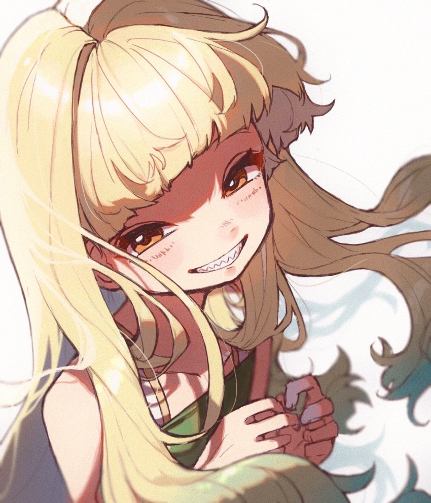 1girl amazu_ore blonde_hair blush choppy_bangs collarbone dated_commentary eko_(fumetsu_no_anata_e) floating_hair from_above fumetsu_no_anata_e grin happy highres long_hair looking_at_viewer looking_up own_hands_together sharp_teeth simple_background smile solo teeth upper_body white_background
